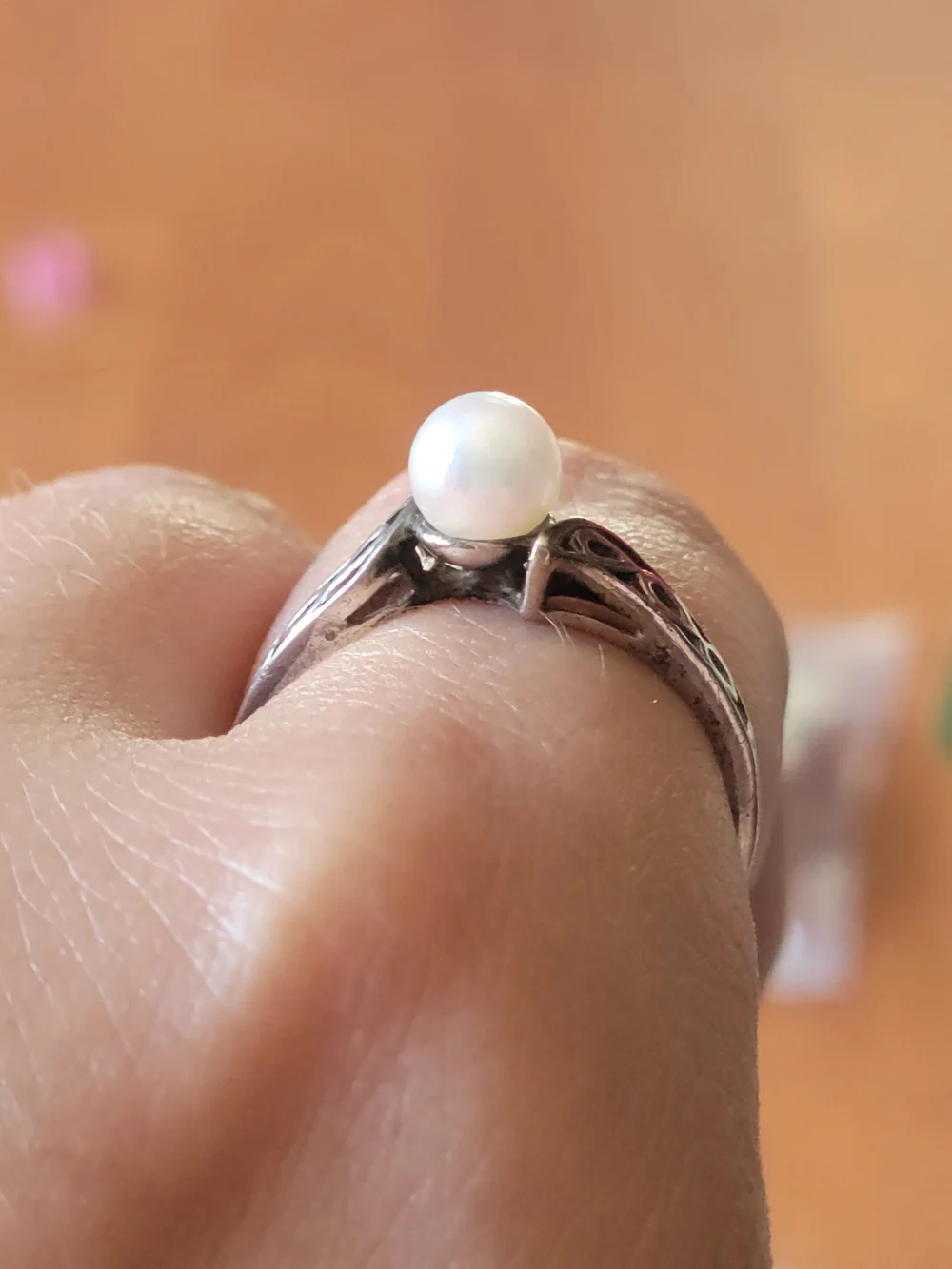 Sterling Silver Pearl Ring with Filigree Band - White Pearl